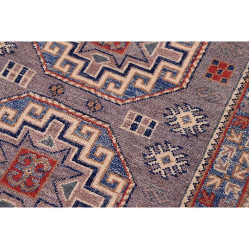 Southwestern Kazak Riley Gray/Light Blue Wool Runner - 2'7'' x 9'9''