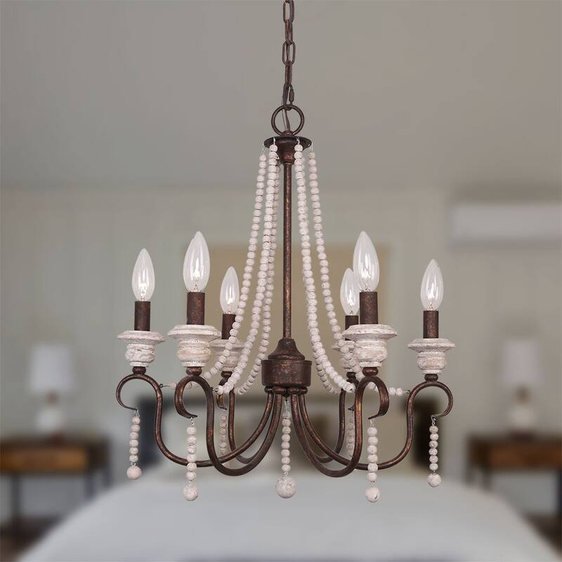 Cusp Barn Modern Farmhouse 6-Light Wood Beaded Chandelier Coastal Pendant Light French Country Candle Ceiling Light for Kitchen - Black