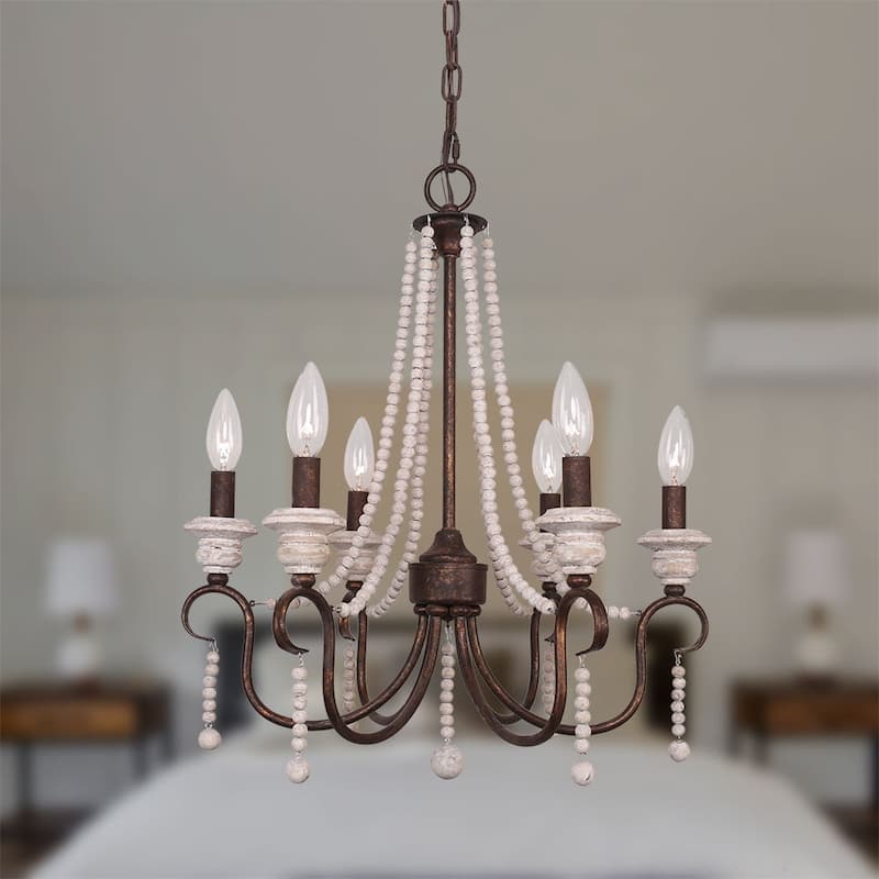 Oaks Aura Modern Farmhouse 6-Light Wood Lighting Bohemia Wood Beaded Chandelier