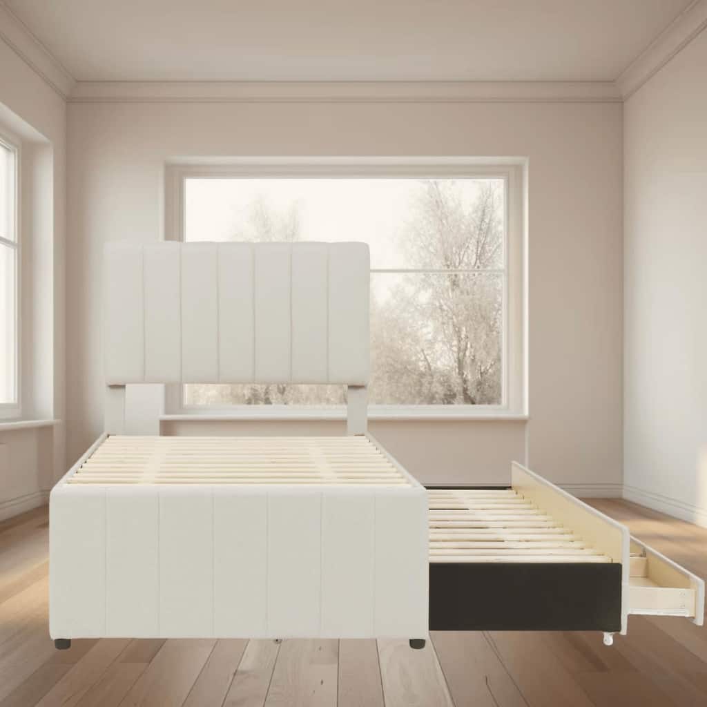 Twin Size Upholstered Platform Bed Frame with Trundle and 3 Storage Drawers, Linen Fabric, Space-Saving Design, Easy Assembly