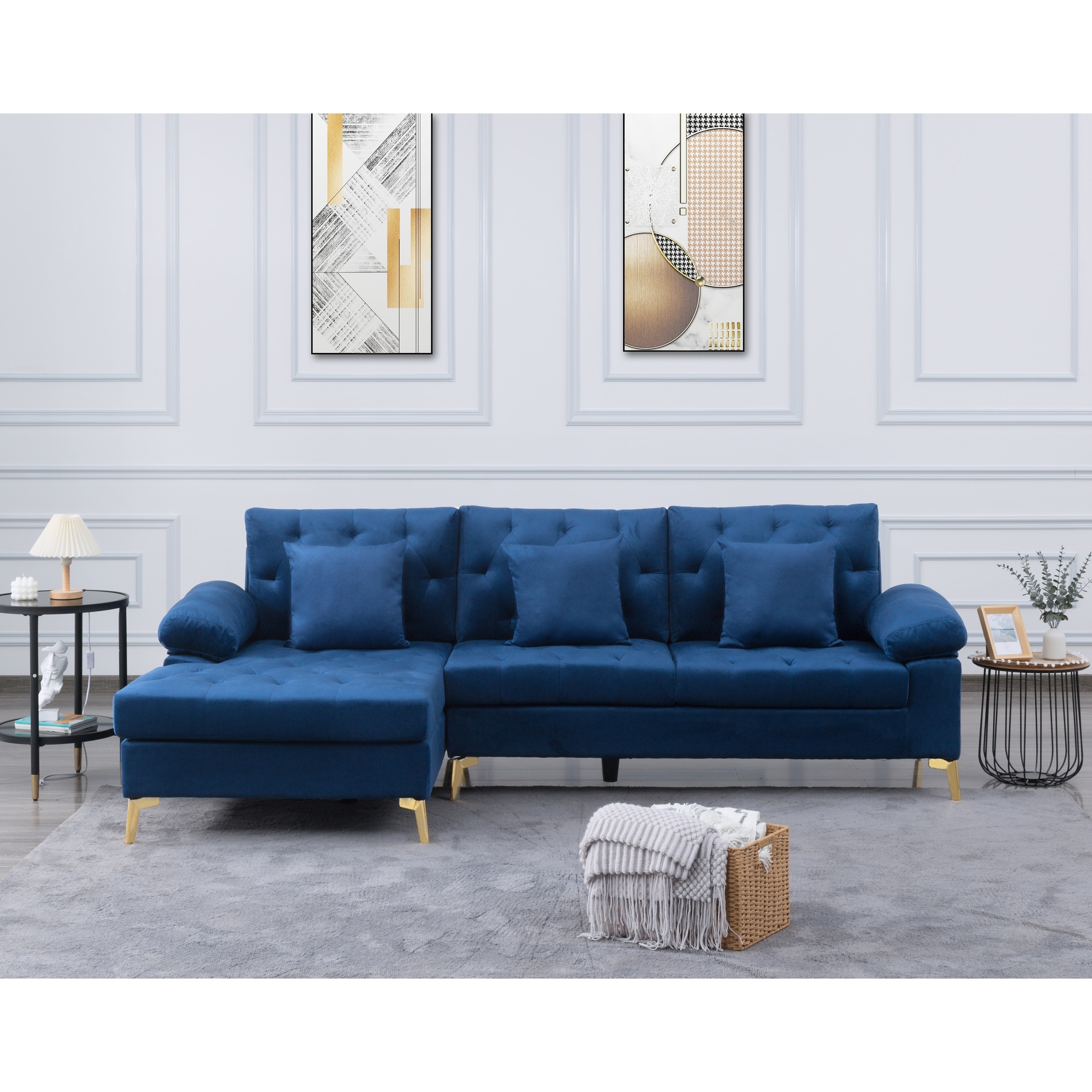 96.5" Left hand facing Sofa & Chaise Navy blue Velvet