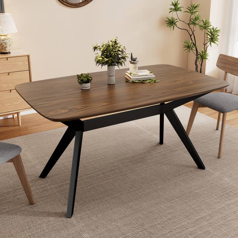 Wood Dining Table, 59.00"W x 35.43"D x 30.00"H, Walnut+Black - Black + Dark Walnut
