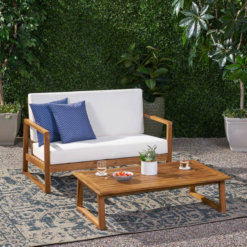 Belgian Outdoor Acacia Wood Chat Set by Christopher Knight Home - Teak Finish+Beige