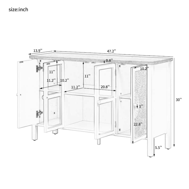 47.2" American Retro TV Stand - Carved Cabinet Doors & Glass Display, Adjustable Shelves, Anti-Tip Design