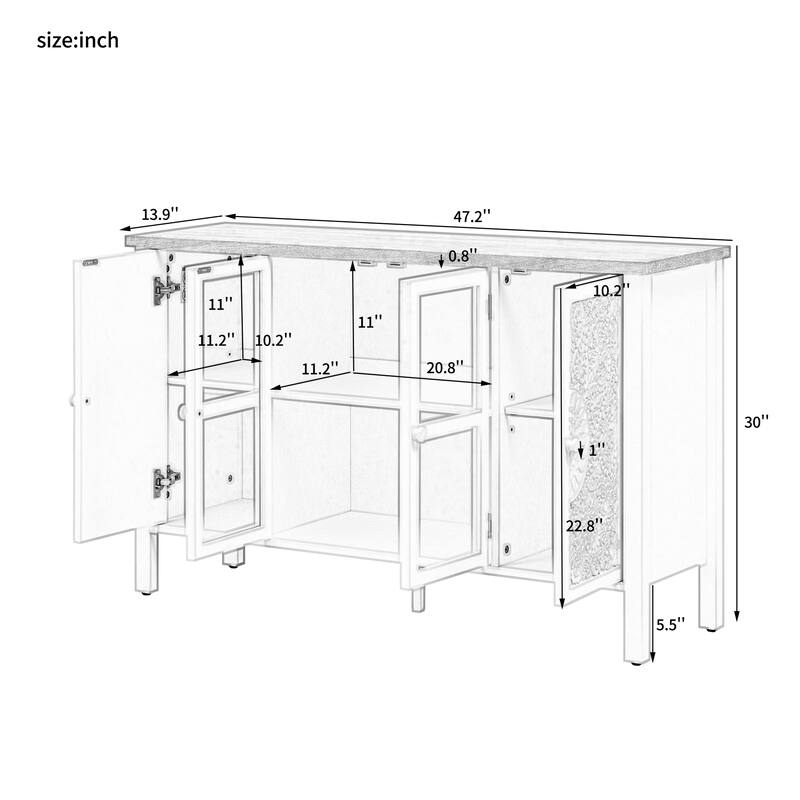 47.2" Retro TV Stand, Entertainment Center Media Console with Glass Cabinet Doors and Adjustable Shelves