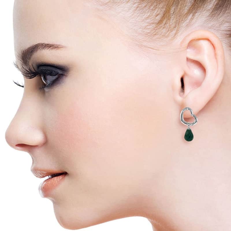 14K Solid Gold Heart Gemstone Earrings w/ Dangling Natural Emeralds