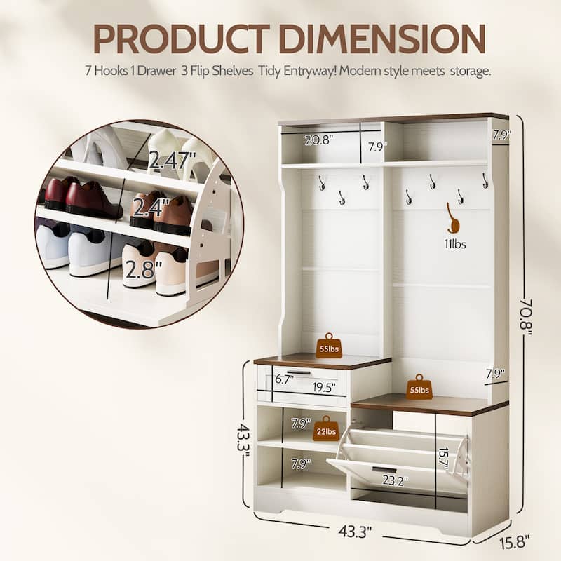 6 in 1 Hall Tree with Bench and Shoe Storage, Entryway Organizer with Flip Shoe Cabinet, Hooks and Drawer