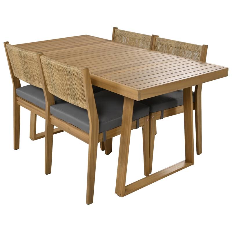 Wood Outdoor Dining Table Set for 4 with Thick Cushions and 4 Chair 5 Piece Outdoor Acacia Wood Dining Table and Chair Set