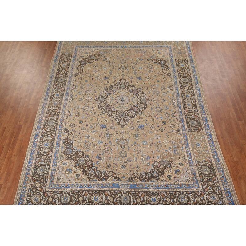 Traditional Mashad Vintage Persian Area Rug Hand-Knotted Wool Carpet - 9'5" x 13'2"