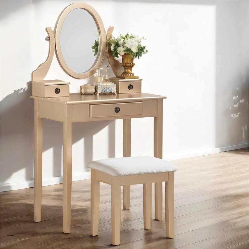 Wood Makeup Vanity Table and Stool Set with Swivel Adjustable Mirror