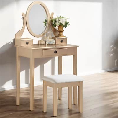 Wood Makeup Vanity Table and Stool Set with Swivel Adjustable Mirror