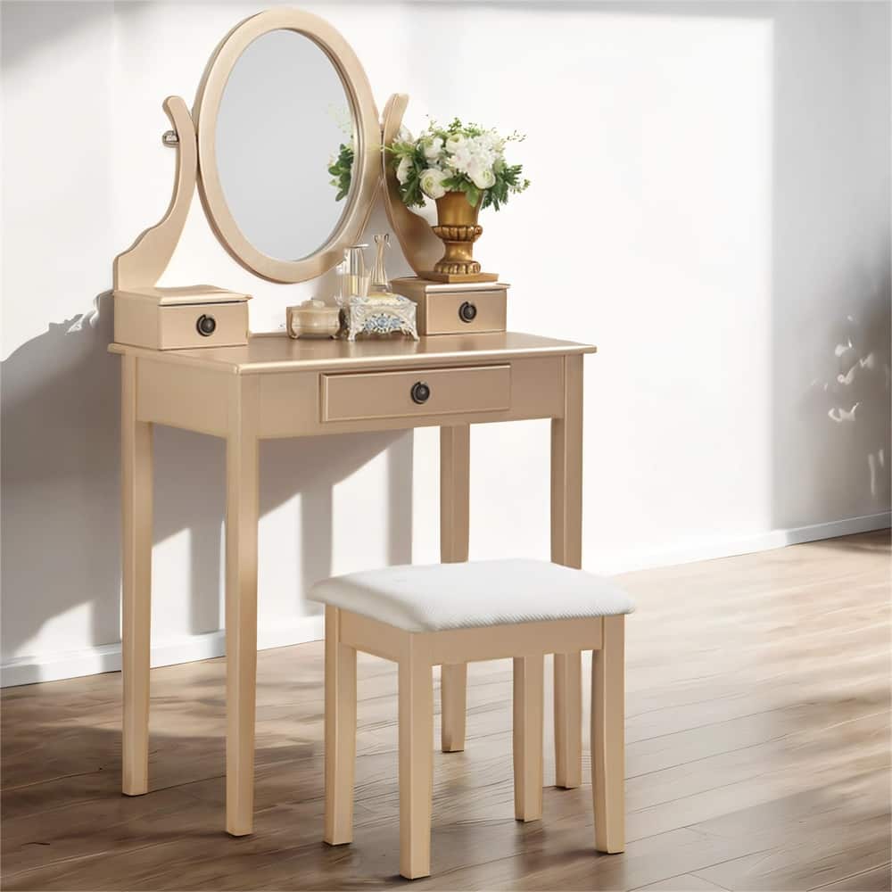 Wood Makeup Vanity Table and Stool Set with Swivel Adjustable Mirror