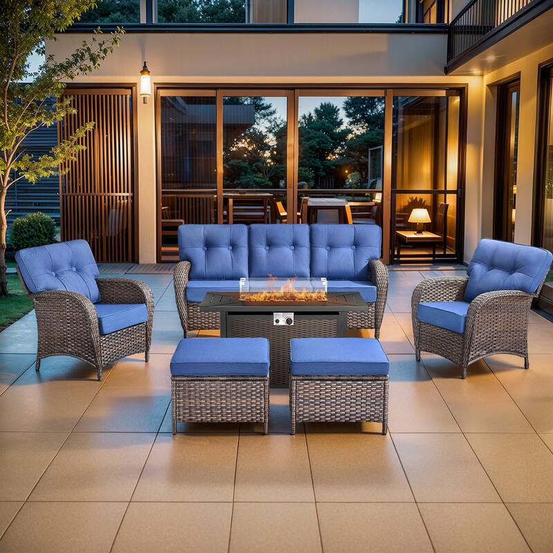 Pocassy Outdoor 43 In Fire Table with Sofa Patio Chair Set - Brown Wicker Blue Cushion - 8-Piece Sofa Patio Chair Ottoman with Fire Table