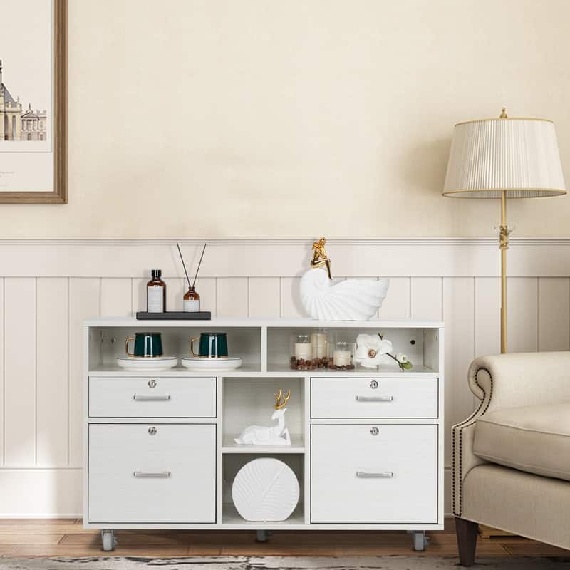 4 Drawer File Cabinet Wood Mobile Lockable Rolling with Shelves