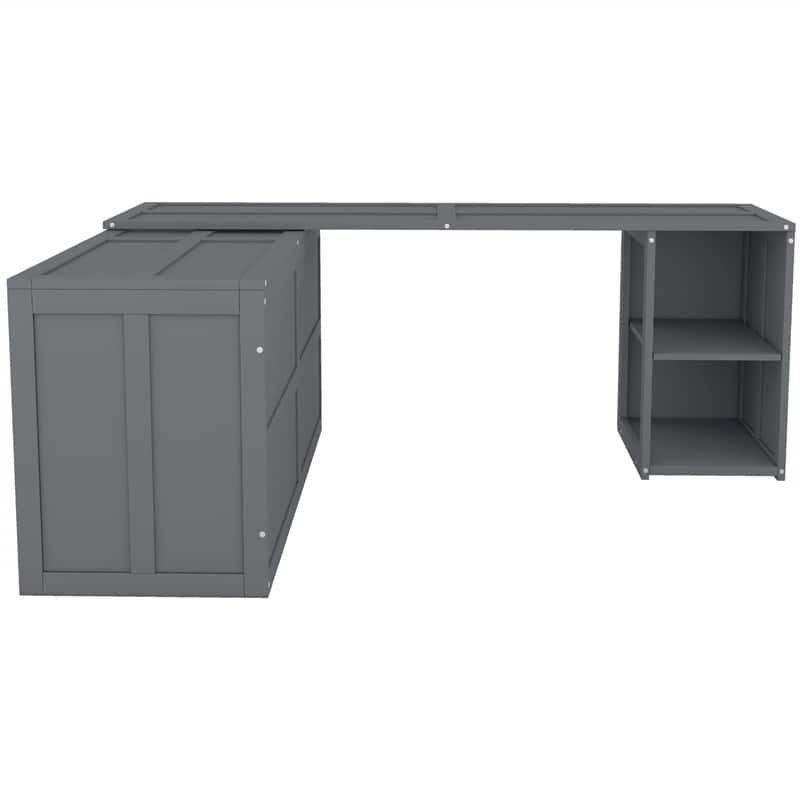 Queen Size Mobile Murphy Cube Cabinet Bed with Rotable Desk, Solid Wood Murphy Bed Chest Platform Murphy Bed for Guest Room
