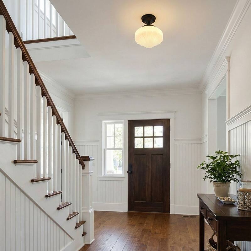 1-Light Matte Black Semi-Flush Mount Ceiling Light with Frosted White Glass Shade