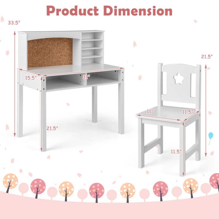Kids Desk and Chair Set with Hutch and Bulletin Board for 3+ Kids - 31" x 15.5" x 33.5" (L x W x H)