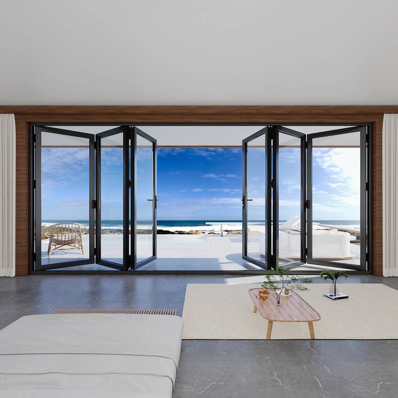 KaMic 192"×80" 6 Panels Aluminum Folding Door In Black,Folded Out From Dual Open Model #:FD6PBK19280-DO