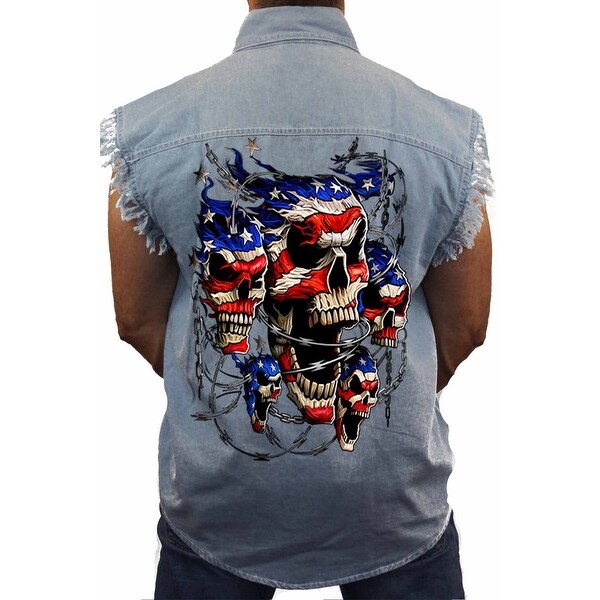 Shop Men's Sleeveless Denim Shirt USA Flag Skulls In Chains Stars ...
