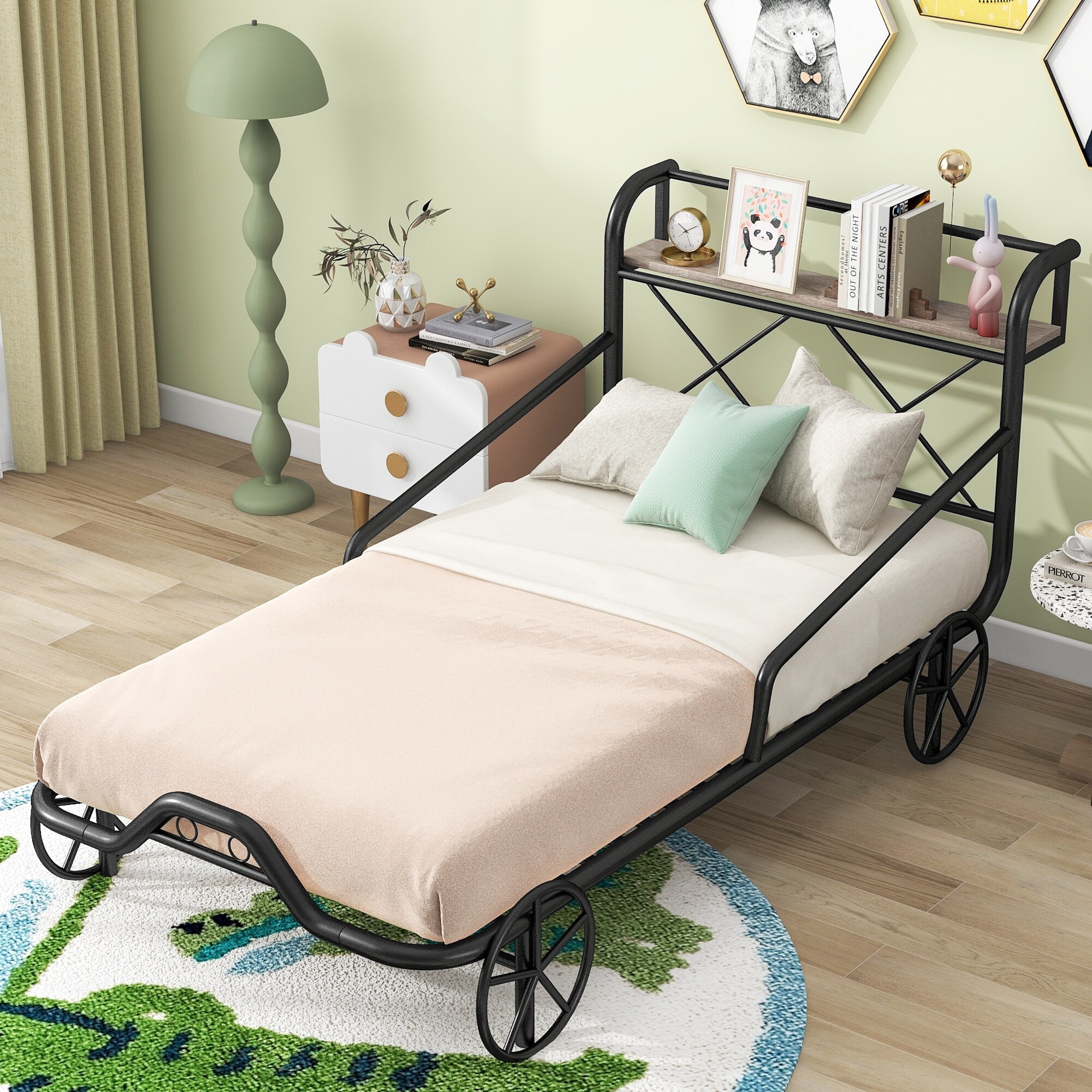 Twin Size Metal Frame Car BedShaped Platform Bed with Four Wheels