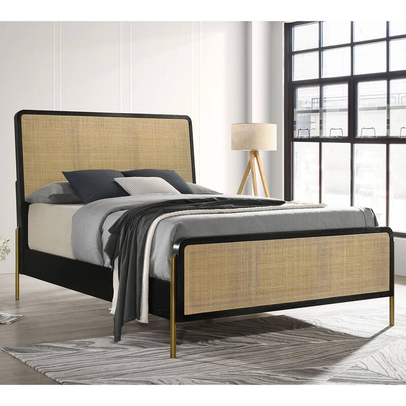 Woven Rattan Panel Bed with Metal Legs in Black and Natural