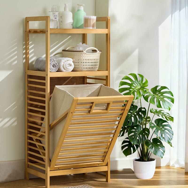 Laundry Hamper with 2-Tier Shelves & Tilt Out Basket, Laundry Baskets Organizer Hampers Bathroom Storage Shelf (2 Tier - Large)