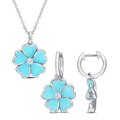 Miadora 1/4ct TGW White Topaz Light Blue Enamel Flower Necklace and Earrings Set in Sterling Silver