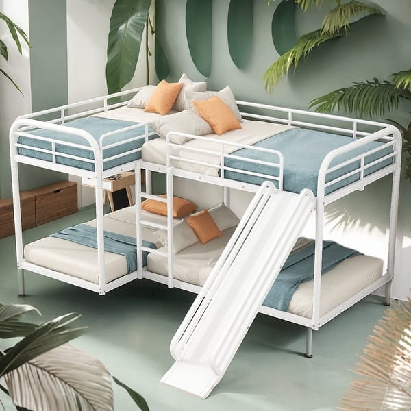 slide 2 of 15, Stylish Full and Twin Size L-Shaped Bunk Bed with Slide and Short Ladder, 4 Beds in 1, Sturdy Frame, White White