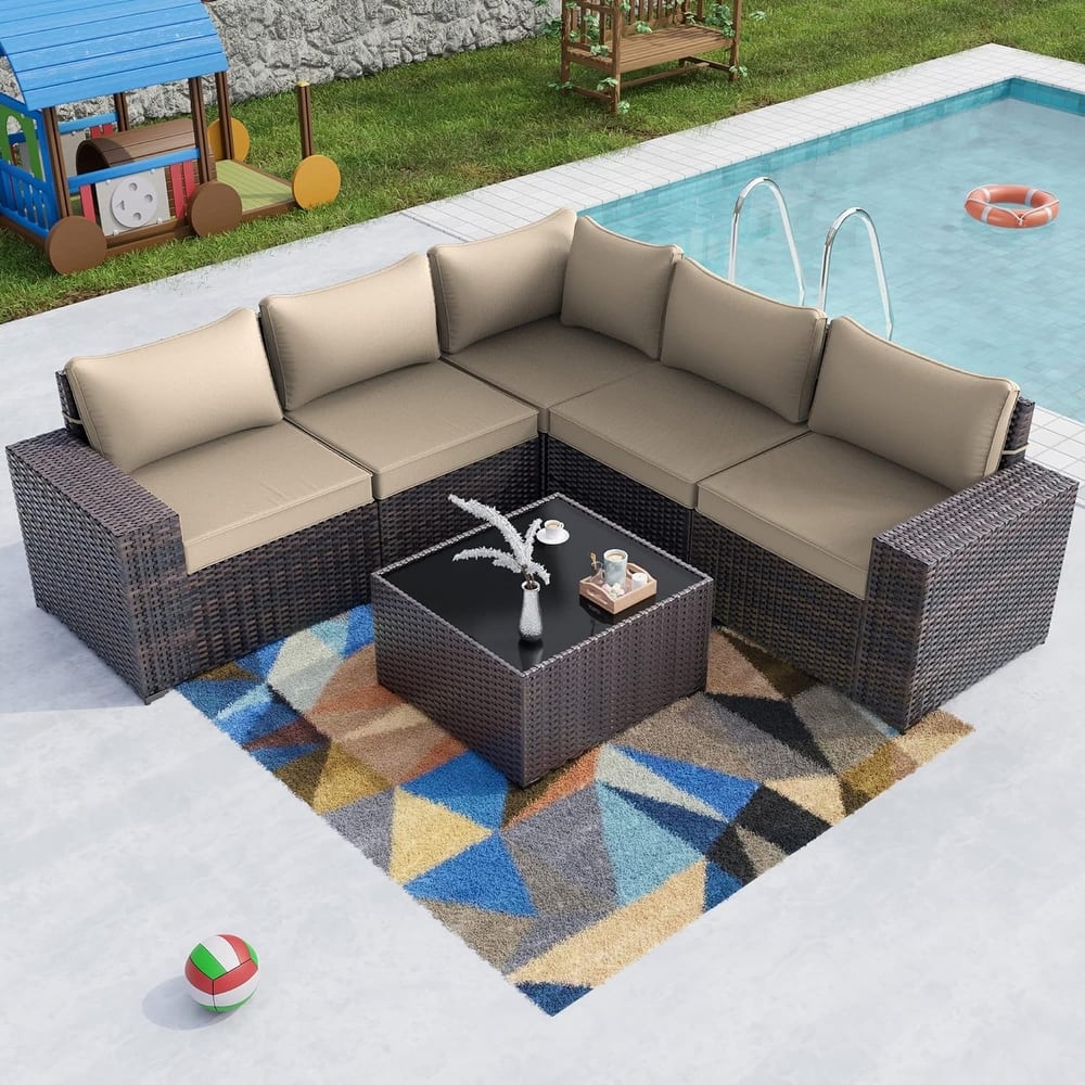 Outdoor Patio Furniture Set, All Weather PE Wicker Sectional Conversion Sofa set with Firepit(Optional)