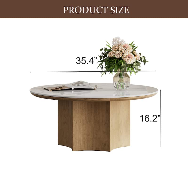 Mid-century Modern Coffee Table,35.43" With White Sintered Stone Table Top, Solid Wood Legs