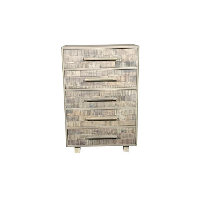 HomeRoots 35" Gray Carved Geometric Solid Wood Five Drawer Dresser