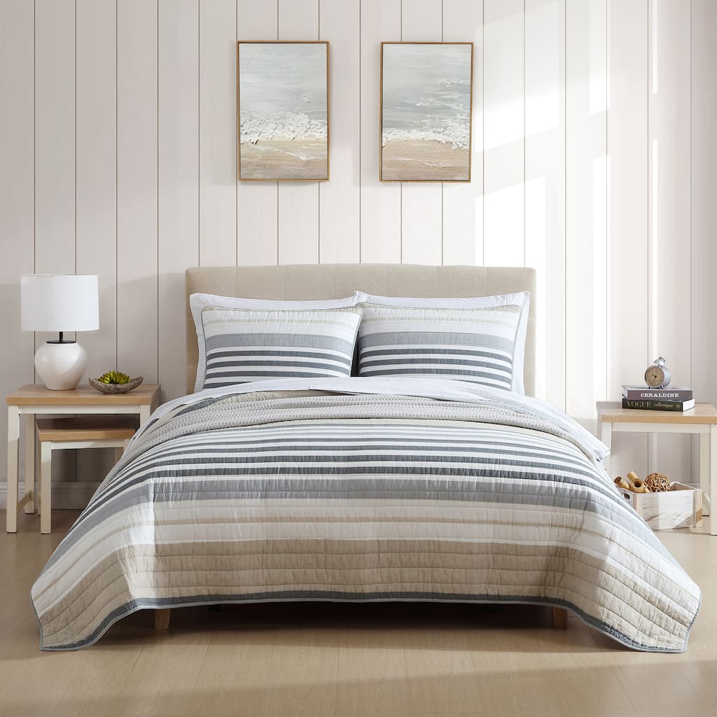Nautica Dover Cotton Quilt Beige And Grey Stripes With Textured Reverse (3 Piece Set)