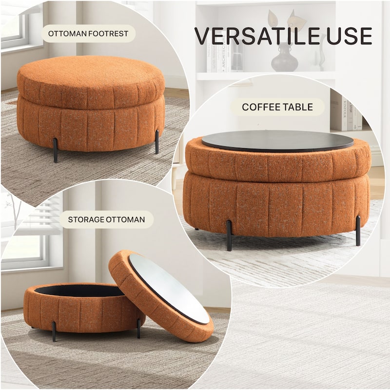 31.3"W Round Storage Ottoman, Footstool with Reversible Lid,Coffee Table,Metal Legs