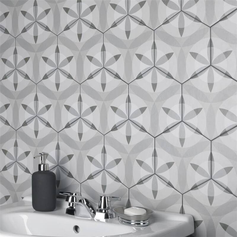 Merola Tile Hexatile Matte Nature Black & White 7" x 8" Porcelain Floor and Wall Tile