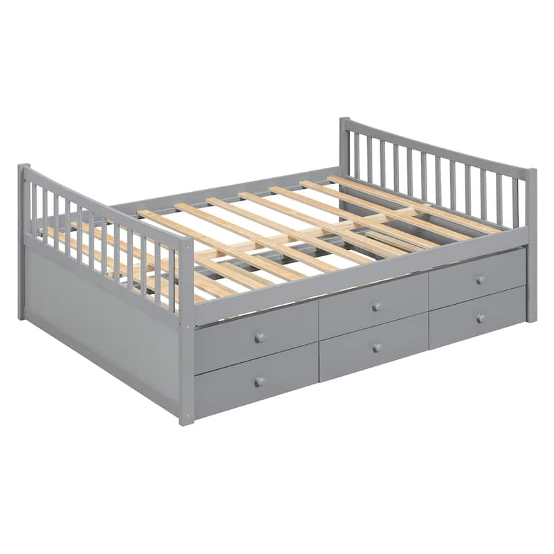 Wood Captains Bed Storage Daybed Full Size Platform Bed with Twin Size Trundle and Drawers, Built-in Smoothly Casters