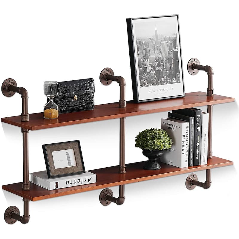 2Shelf Vintage Industrial Pipe Wall Shelf Rustic Floating Pipe Shelving Unit On Sale