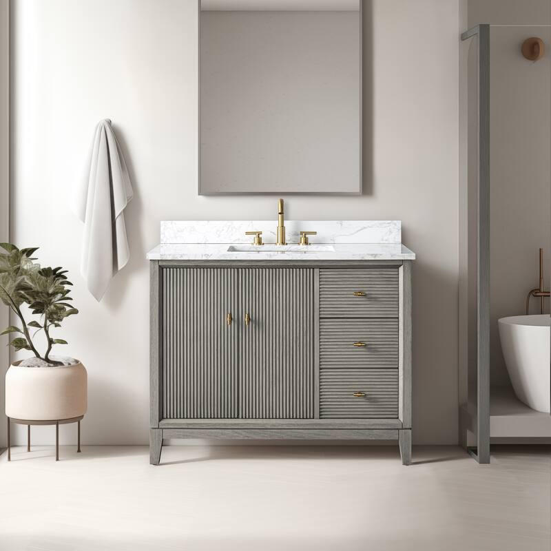 Vanity Art 42" Freestanding Bathroom Vanity with Engineered Marble Top and Sink - 42"/Golden Brushed - Driftwood Gray