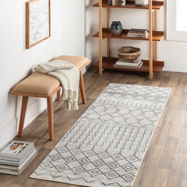 slide 2 of 11, Livabliss Quince Bohemian Machine Washable Area Rug Light Grey - 2' 7" x 7' 3"