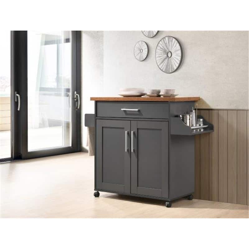 Kitchen Island Cart with Spice Rack & Storage - Grey Oak Kitchen Island with Drawer & Cabinet