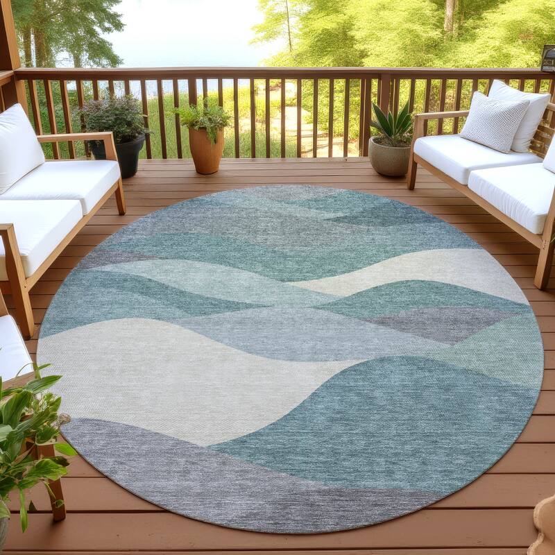 Machine Washable Indoor/ Outdoor Modern Horizon Chantille Rug - Teal - 8' x 8'