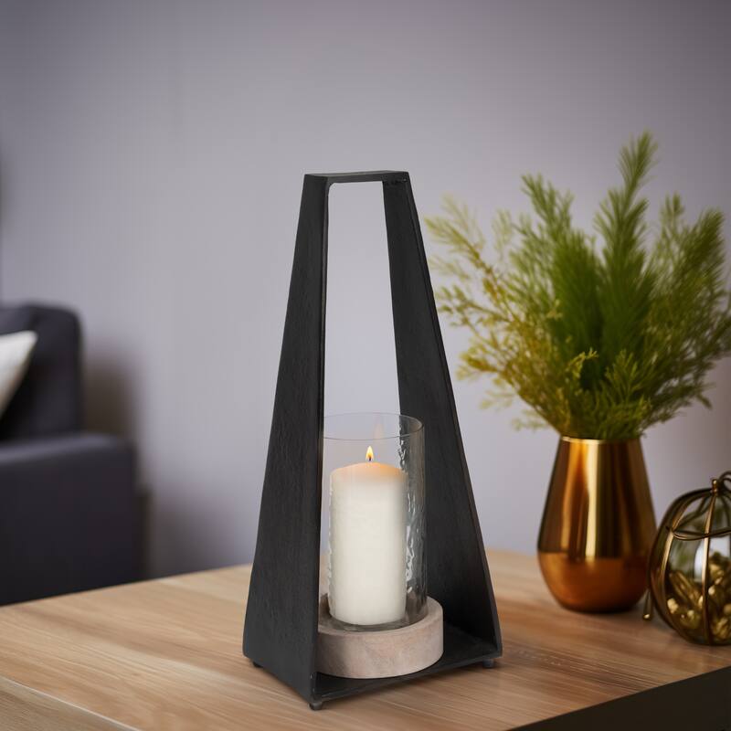 Candle Holder - Black Metal Glass Pillar Hurricane