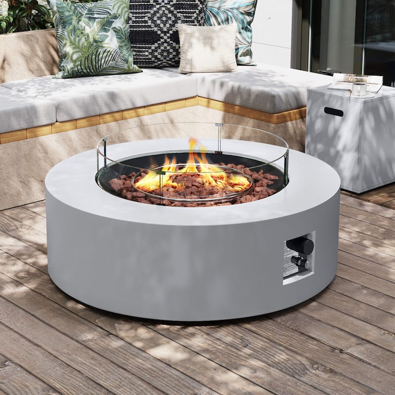 Patio Watcher Outdoor 42in./56in. Iron Fire Pit Table with Propane Tank Cover and Glass Wind Guard