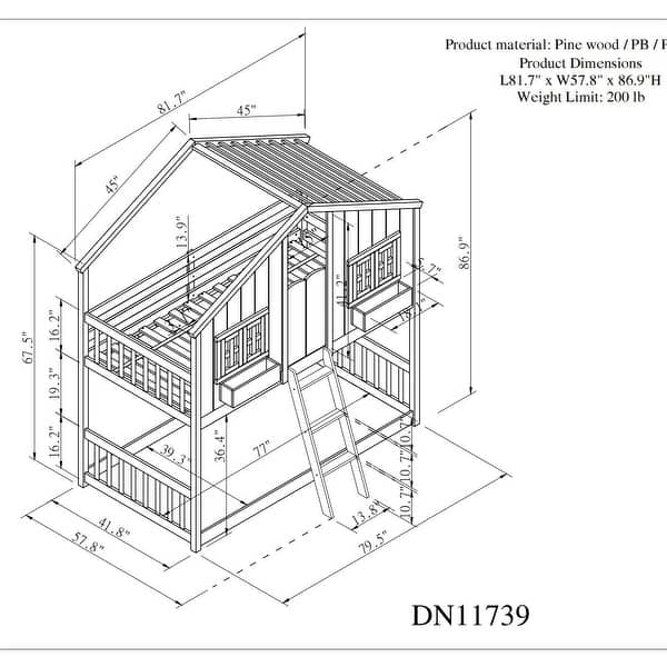 dimension image slide 1 of 2, Modern Twin over Twin Bunk Bed With Roof ,Window,Window Box,Door,Guardrails And Ladder for Bedroom
