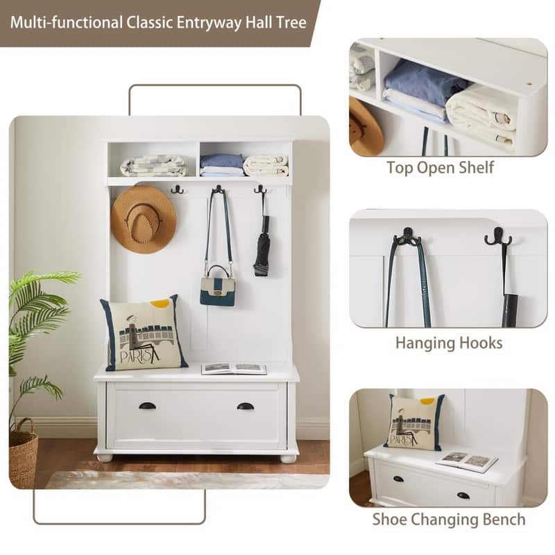 Classic Hall Tree Entryway Bench with Shoe Cabinets and Open Shelves