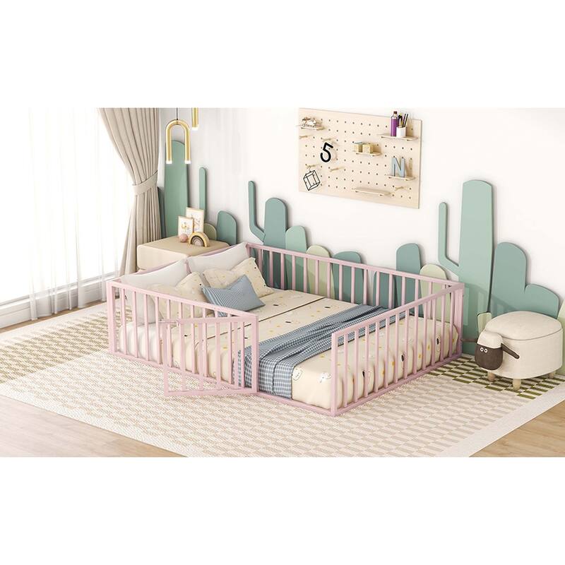 Metal Floor Bed Frame with Fence & Door