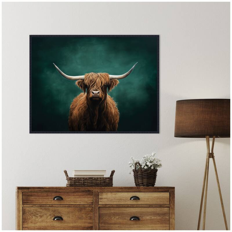 Kate and Laurel Highland Cow on Tonal Teal Green Abstract by The Creative Bunch Studio Framed Canvas Wall Art Print