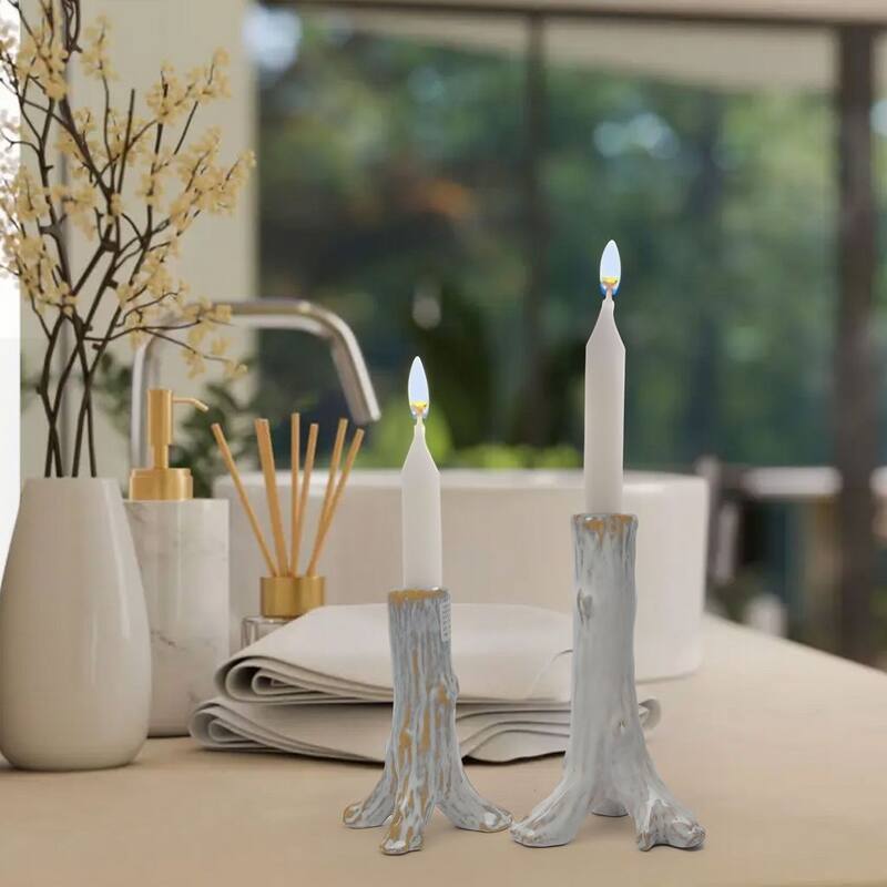 Set of Two Shabby Chic Glazed Gray Candlesticks