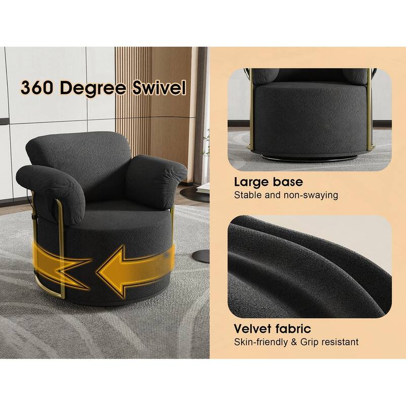 360 Degree Barrel Swivel Fluffy Fabric Lounge Wide Upholstered Reading Chair with Gold Metal Legs