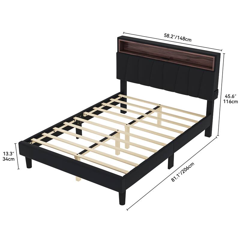 Moasis Full Black PVC Bed Frame LED Bed Frame with Storage Upholstered Velvet Headboard
