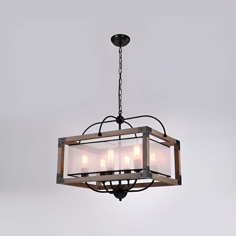 6 - Light Lantern Round Texture Drum Shade Wood Metal Frame Island Pendant Lamp Rustic